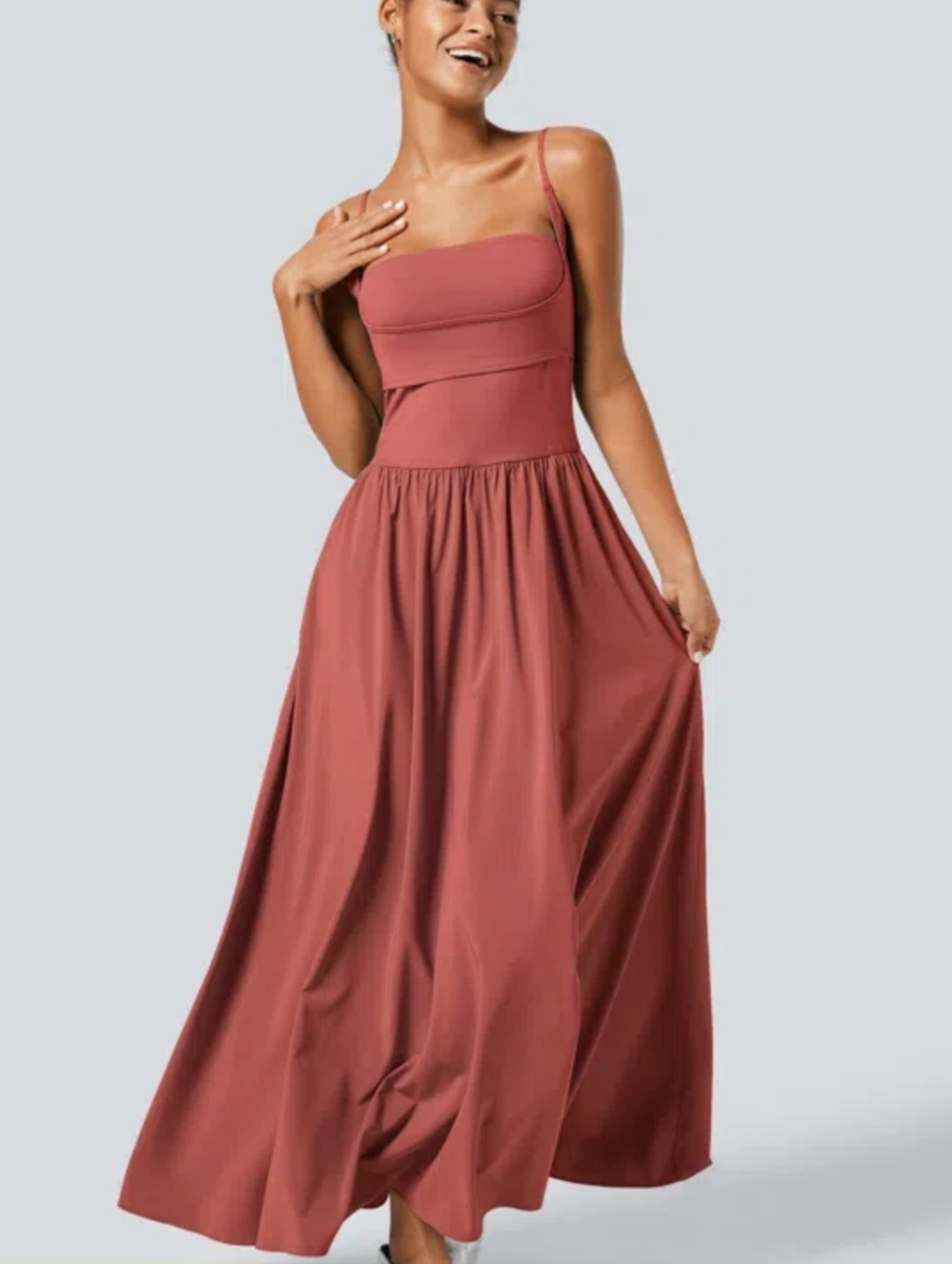 HALARA Breezeful™ Pocket Flowy Flare Spaghetti Strap Maxi Dress in Kapok Red - Picture 1 of 9